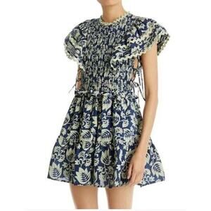 Sea New York Linda Dress Blue Green Side Cut Outs Ric Rac Flounce Smocked Mini S